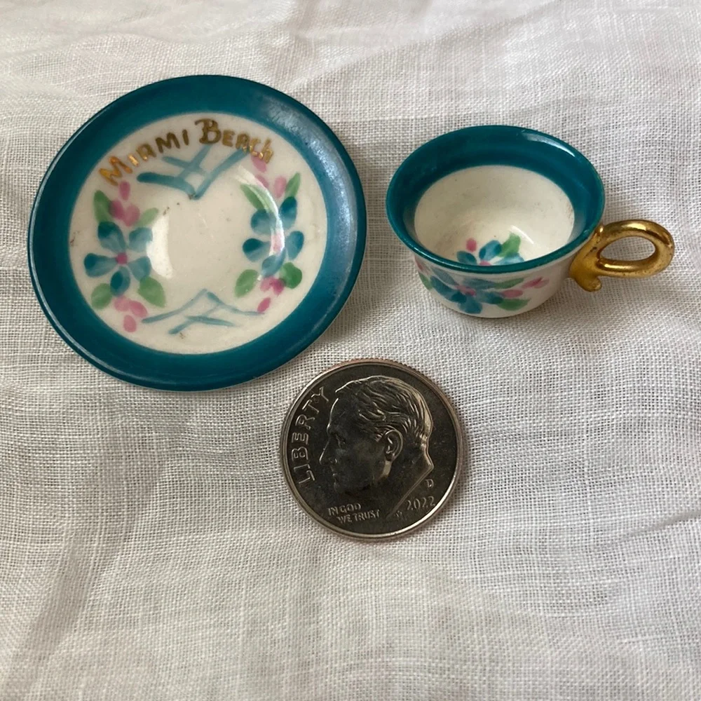 Vintage tiny cup and saucer, souvenir of Miami Beach, Rose Crown bone China